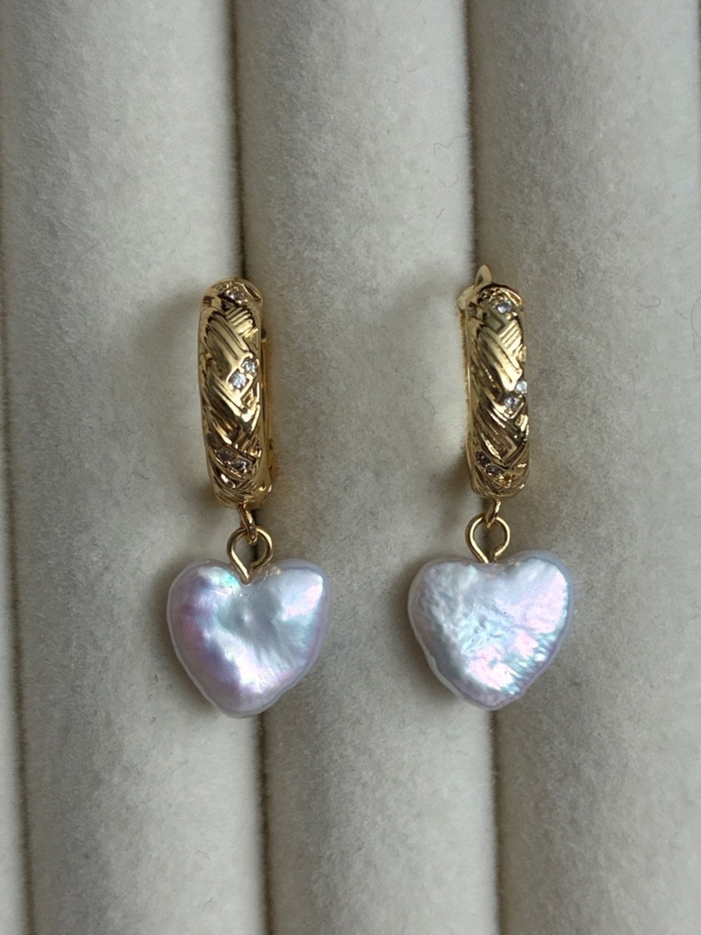 Gold Heart Hoop Earrings with Iridescent Pearl Heart Drops - Picture 2 of 5